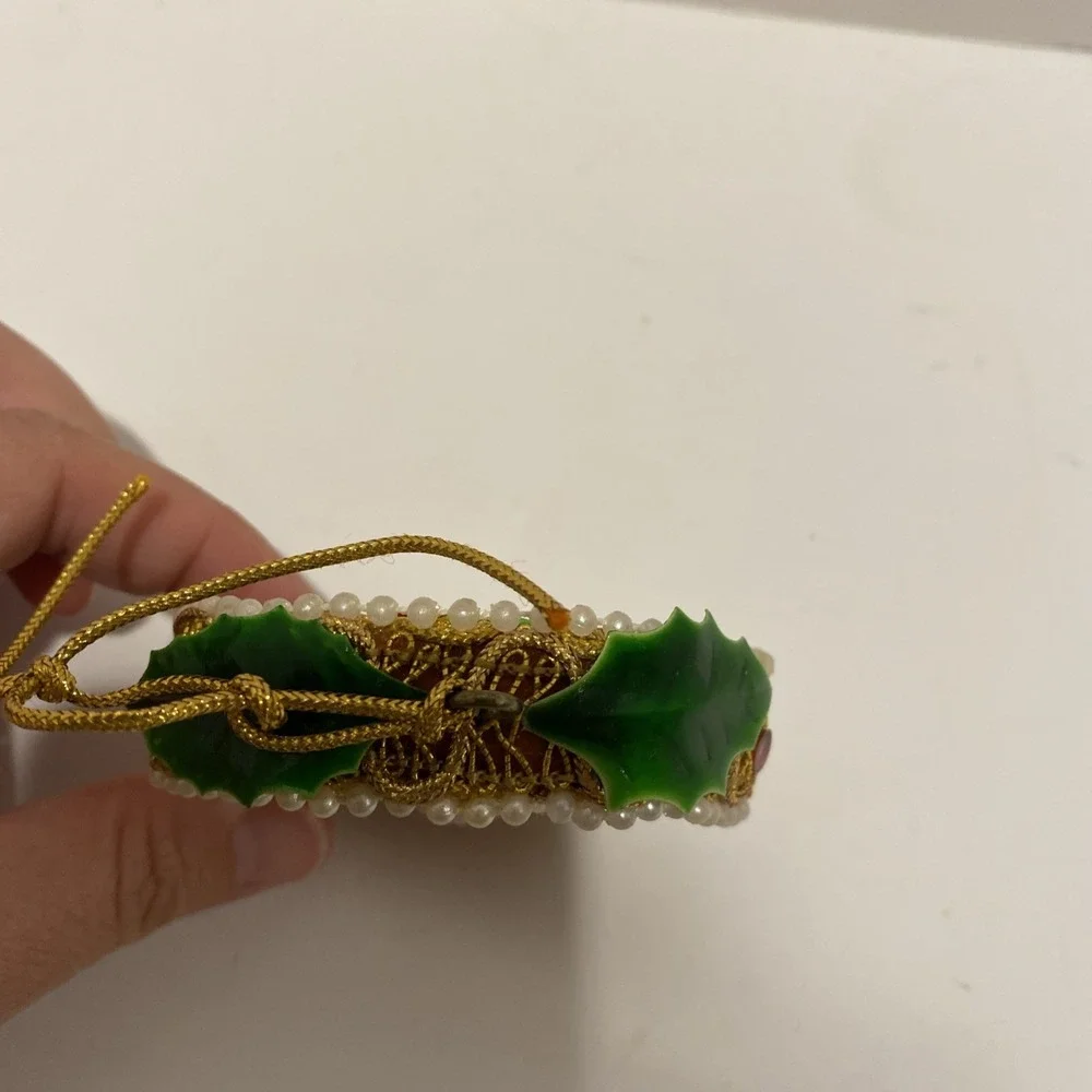 1973 Vintage Christmas Ornament Sequin Beaded Santa Wreath Kitschy Gold Chording